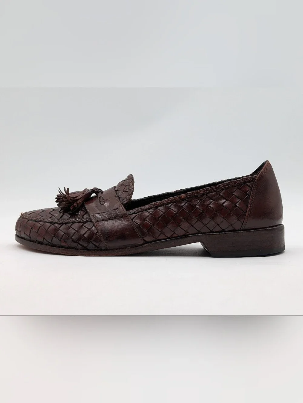 Bragano Size 10M Men's Oxblood-Brown Woven Leather Tassel Loafers Made in Italy